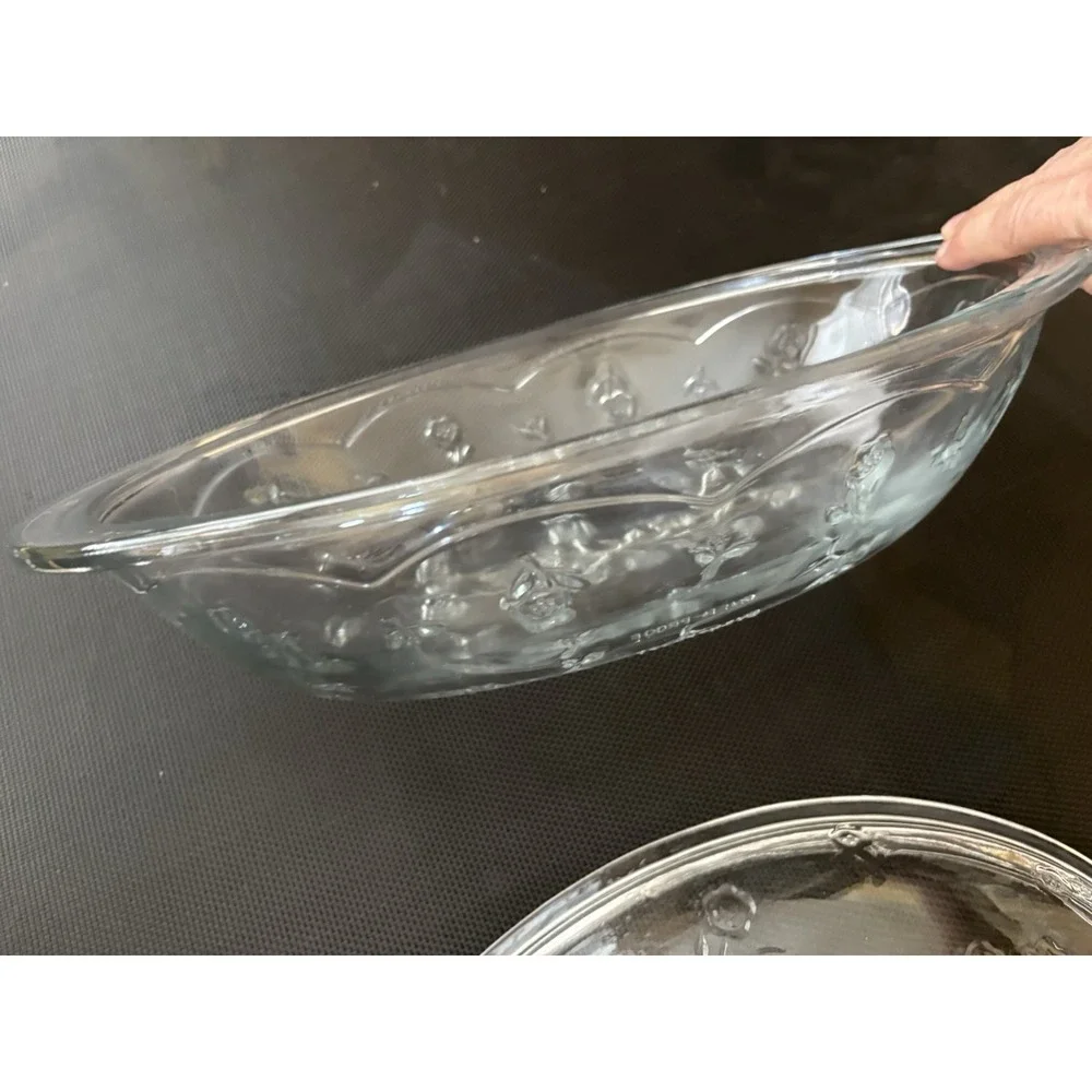 Vintage AnchorHocking SAVANNAH Floral Glass Oval 2 Qt Casserole Dish w/Lid 13x8